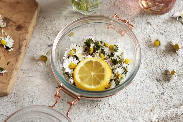 Fremstilling Urtesirup Fra Friske Almindelige Daisy Blomster Citron Foråret - Stock-foto