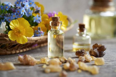 Tütsü reçinesi ve bahar çiçekleriyle aromaterapi şişeleri.