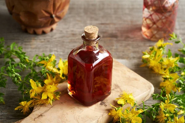 Een Fles Rode Olie Gemaakt Van Geel Sint Janskruid Bloemen — Stockfoto