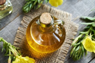 Çiçek yağı şeffaf cam bir şişede, taze çiçek açan bitkiyle.