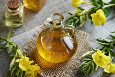 Çiçek açan Oenothera biennis bitkisiyle birlikte bir şişe çuha çiçeği yağı.