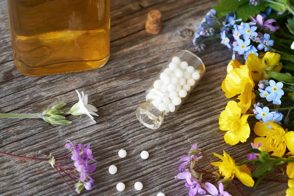 Flaske Homøopatiske Piller Med Tinktur Friske Forårsblomster Urter - Stock-foto