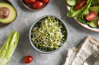 Tabakta taze turp filizleri ve masada sebze salatası.