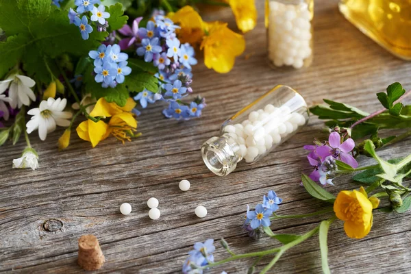 Homøopatiske Piller Spildt Fra Glasflaske Med Friske Farverige Blomster - Stock-foto