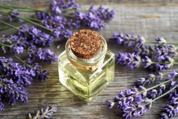 Una Botella Cuadrada Aceite Esencial Aromaterapia Con Flores Frescas Lavanda — Foto de Stock