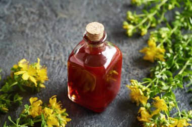 Yazın taze St. John 's otundan yapılmış bir şişe kırmızı yağ.