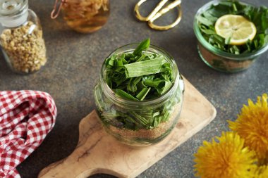 Cam kavanozda şekerli taze pirzola yaprakları - öksürük için ev yapımı şurup hazırlamak