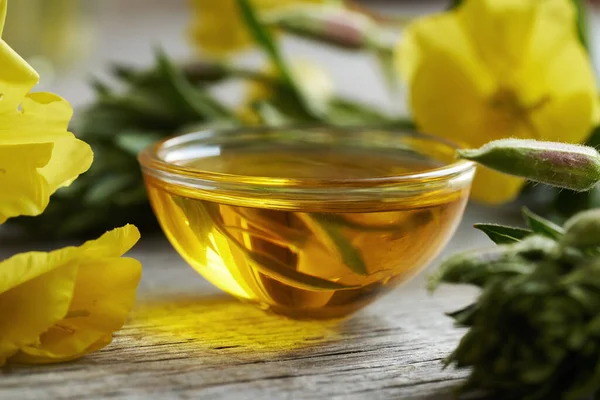 Nachtkerzenöl Einer Glasschüssel Mit Frischen Blüten Und Knospen Von Oenothera — Stockfoto