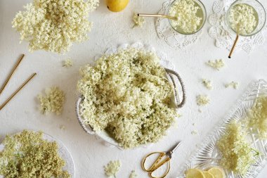 Taze ve kuru elderberry çiçekleri ve altın metal pipetli bir bardak limonata. Sıfır atık. 