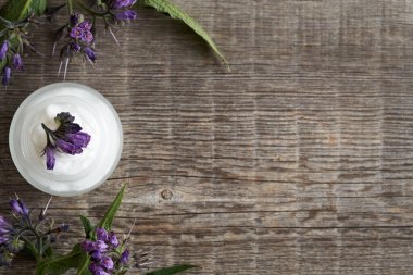 Ahşap zemin üzerinde taze çiçek açan semfizyum bitkisi içeren kozalak kökü merhemi.