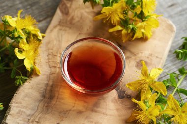 Yazın toplanan taze Hypericum çiçekleriyle birlikte St. John 's otları yağı. Bitkisel ilaç.. 