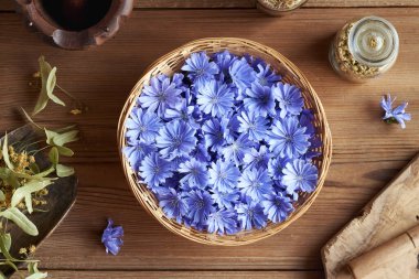 Sepetteki yabani hindiba çiçekleri Masanın üstünde, üst manzara