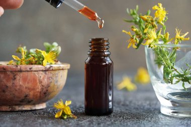 St. John otundan yapılan bir damla kırmızı yağ kahverengi bir cam şişeye dökülüyor, taze Hypericum çiçekleriyle.