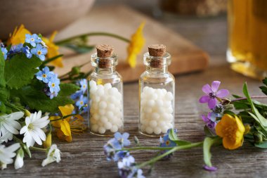 Masadaki cam şişelerde bulunan homeopatik haplar, taze kozalaklı çiçekler.