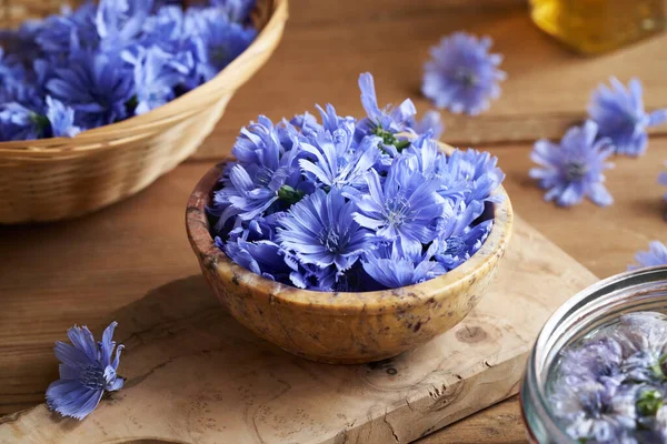 Blue chicory flowers in a bowl on a table