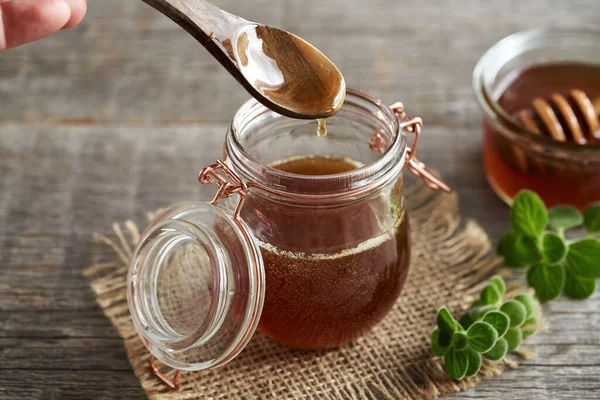 Homemade Plectranthus Amboinicus Syrup Common Cold Spoon Glass Jar — Stock Photo, Image
