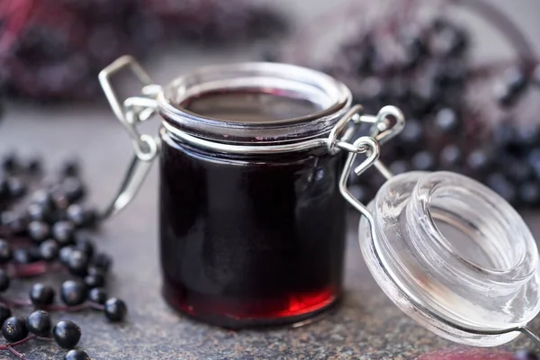 Jar Black Elder Syrup Fresh Berries Gray Background — Stock Photo, Image