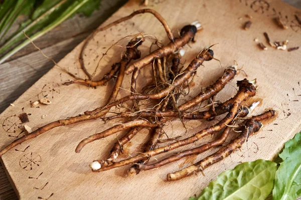Fresh dandelion roots on a wooden cutting board