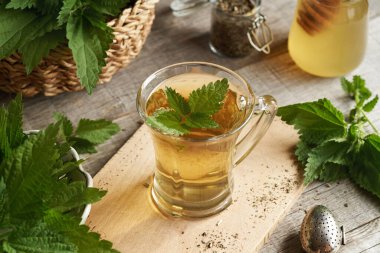 Bir fincan ısırgan otu çayı ve masada taze yapraklar.