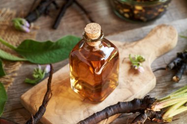 Masanın üzerinde taze papatya kökü olan bir şişe bitki özü.