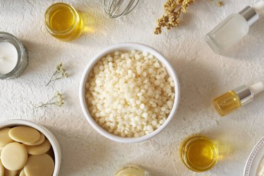 Arılar, doğal kozmetik ürünleri için gerekli yağlar, bitkiler ve kakao yağı içeren balmumu topaklar.