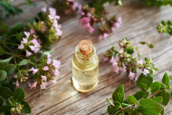 Oregano essential oil in a transparent bottle on a wooden table