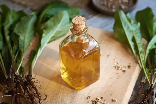 Dandelion root tincture in a glass bottle