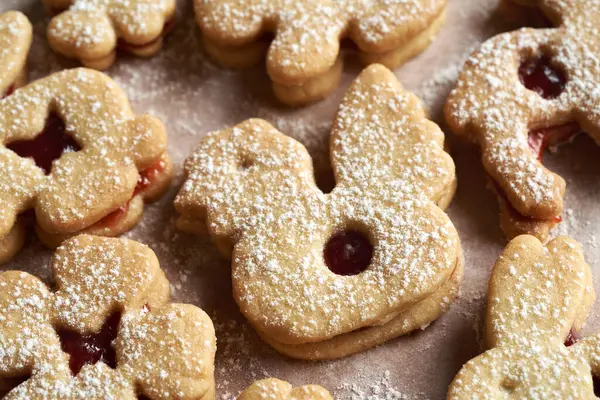 Linzer Cookies Shape Easter Chicken Bunnies Filled Strawberry Marmalade Dusted Stock Picture