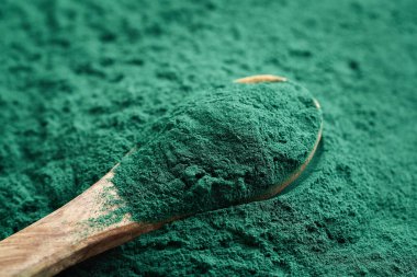 Tahta kaşıkta yeşil spirulina tozu - besin takviyesi