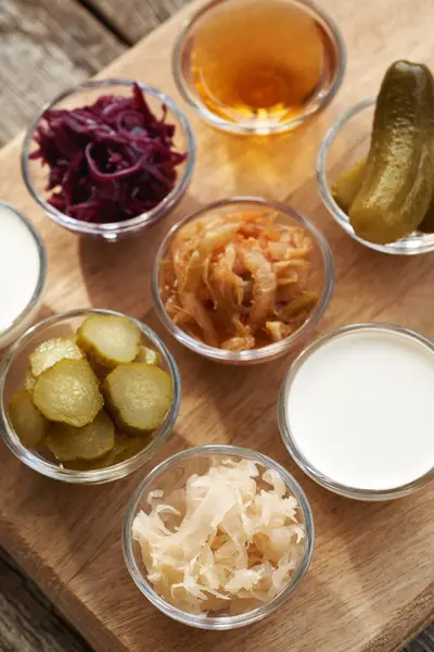 Fermented foods - kim chi, white and purple sauerkraut, apple cider vinegar, gherkins and kefir