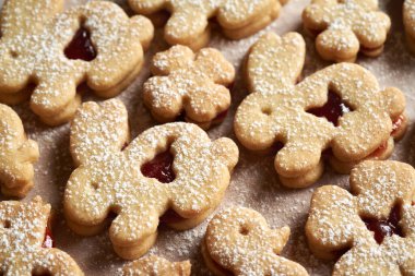 Tavşan şekilli Linzer Paskalya kurabiyeleri, yakın plan.