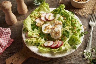 Çemen otu filizli sebze salatası, keçi peyniri ve civciv otu. Baharda hasat edilen yabani yenilebilir bitki.