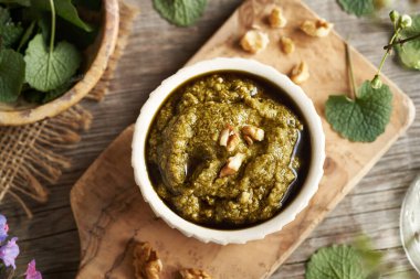 Taze taze sarımsak hardal yapraklarından yapılmış bir kase pesto sosu. Bahar başında hasat edilen yenilebilir bir bitki.