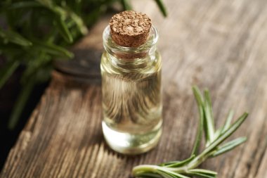 Şeffaf bir şişe aromaterapi taze biberiye bitkisiyle gerekli yağ.