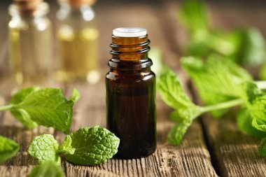 Kahverengi damlacık şişesinde nane yağı.