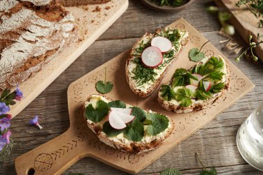 Bahar mevsiminde üç dilim ekşi ekmek, yenilebilir yabani bitkiler, soğan otu, sarımsaklı hardal ve toprak büyüğü.