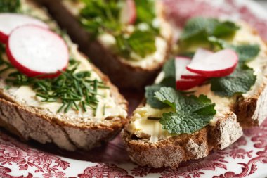 Yabani, yenilebilir bitkilerle dilimler halinde ekşi ekmek - sarımsaklı hardal, soğan otu ve toprak büyüğü, kapatın.
