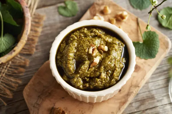 Taze taze sarımsak hardal yapraklarından yapılmış beyaz bir kase pesto sosu. Bahar başında hasat edilen yenilebilir bir bitki.