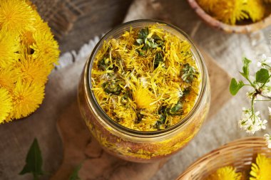 Baharda toplanan taze çiçeklerden elde edilen ev yapımı karahindiba şurubu ve şeker kamışı.