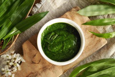 Taze ayının sarımsak yapraklarından yapılan yeşil pesto sosu. Baharın başında hasat edilen vahşi, yenilebilir bitki.