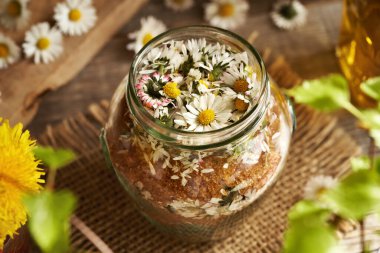 Cam kavanozdaki papatya şurubunun hazırlanması.