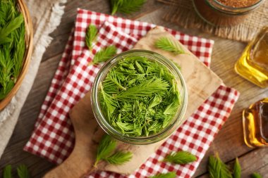 Bahar ve kamış şekerinde toplanan taze ladin yapraklarından elde edilen ev yapımı bitkisel şurup hazırlama