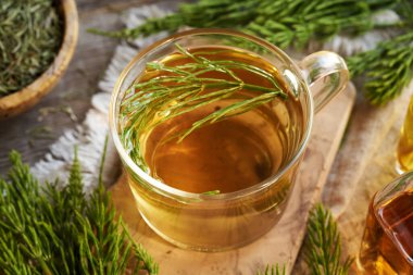 Bir fincan taze at kuyruğu dallı bitki çayı, üst manzara. İlaç fabrikası..