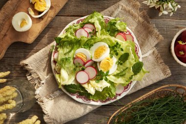 Yumurtalı bahar salatası ve yenilebilir yabani bitkiler - civciv otu, meme ucu ve kiremit masa üzerinde, üst görünüm