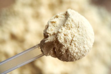 Plastik bir kepçedeki beyaz protein tozu, üst görünüm.