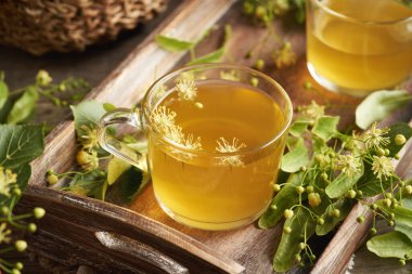 Taze ıhlamur veya Tilia çiçekli bir fincan bitki çayı.