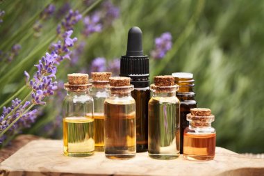 Açık havada taze lavanta çiçekleri açan birkaç şişe aromaterapi esaslı yağ.
