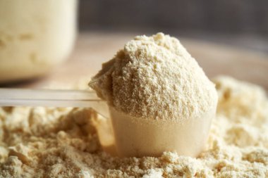Plastik bir kepçedeki beyaz protein tozu