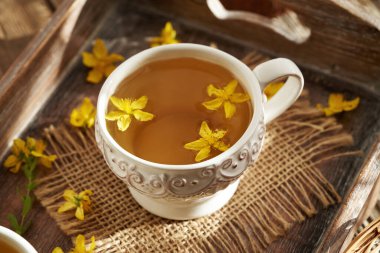 Beyaz porselen bir fincan bitki çayı ve taze St. John otu ya da Hypericum çiçekleri.