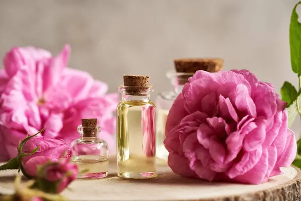 stock image Transparent essential oil bottles with pink rose de Provence flowers on a table